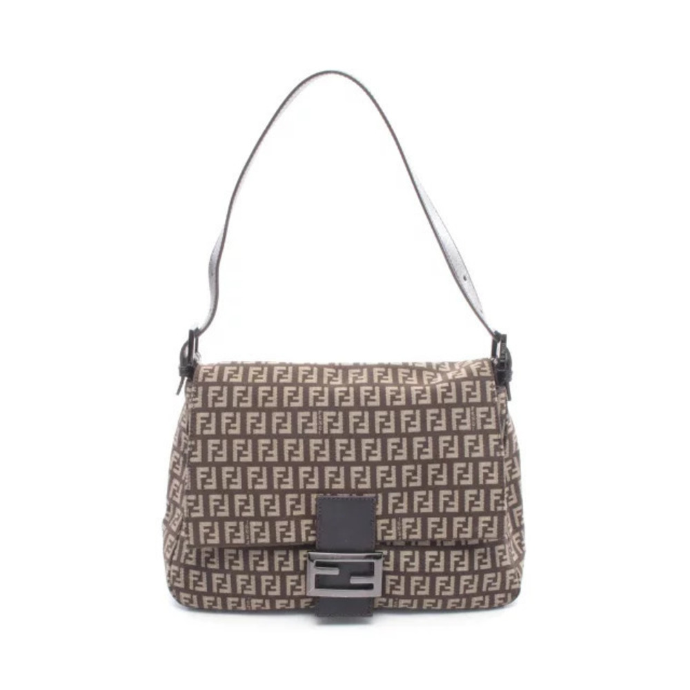 Fendi Mamma Bucket Zucchino Shoulder Bag Canvas Leather Brown Beige Cream
